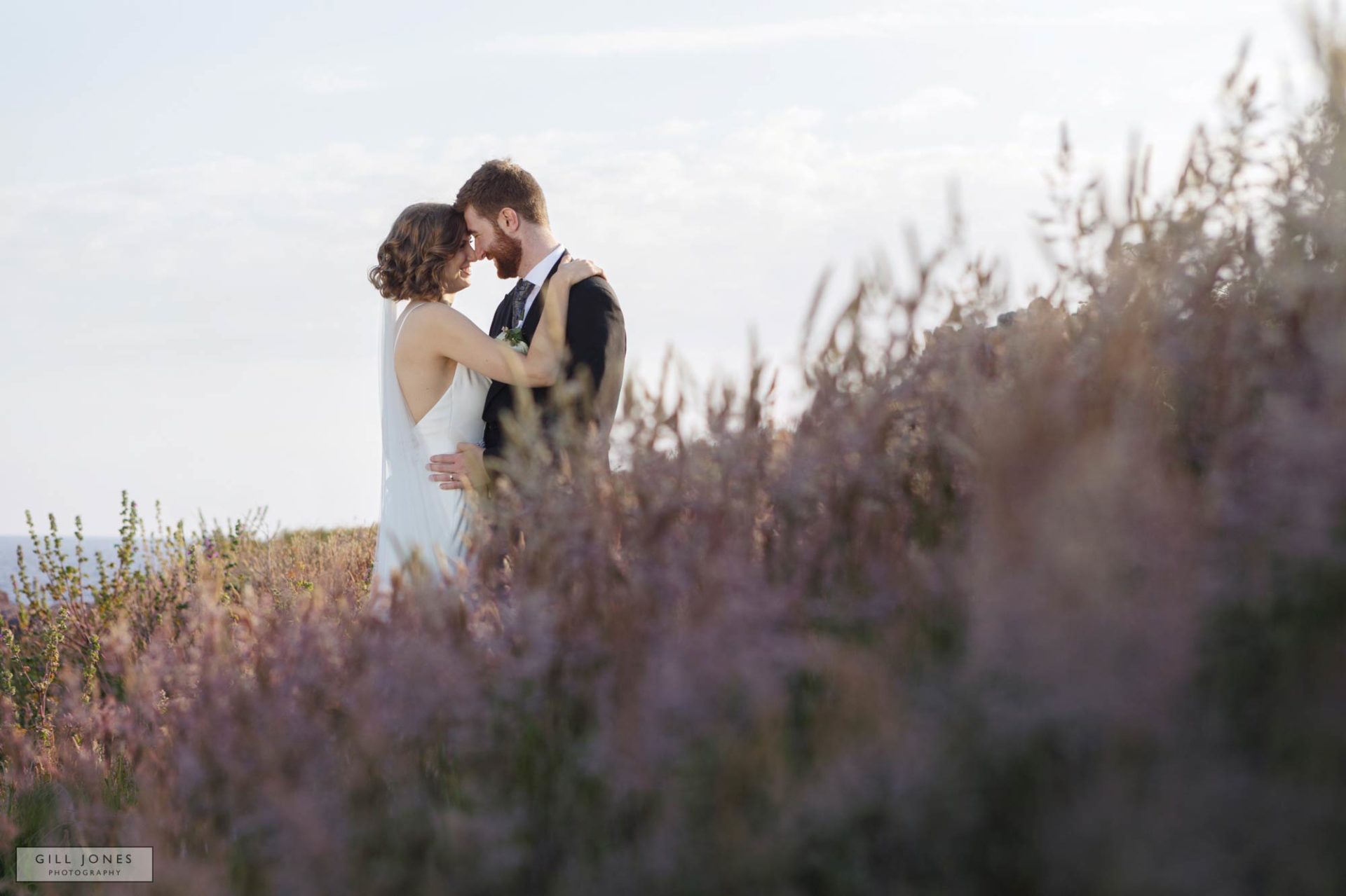 a bride and groom are standing head to head with heather in the foreground