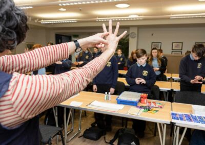 a group leader instructs a group of children on a mindful exercise by Anglesey commercial photographer Gill Jones photography