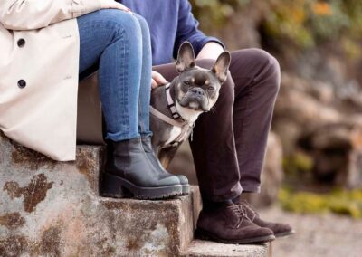 a pug stands between the legs of their owners